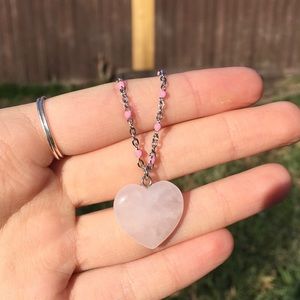 Gemstone Necklace Natural Pink Rose Quartz Heart